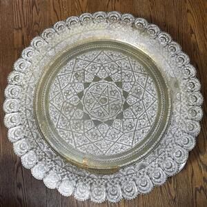 Vintage large Ornate Brass Round Tray Plate Decorative Display Wicca Star Moon